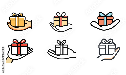 Gift box giving, packing box on hand, line icon set. Hand sends heart love, present box, package. Concept of charity, donation, help. Surprise on party, celebration Christmas, birthday. Vector outline