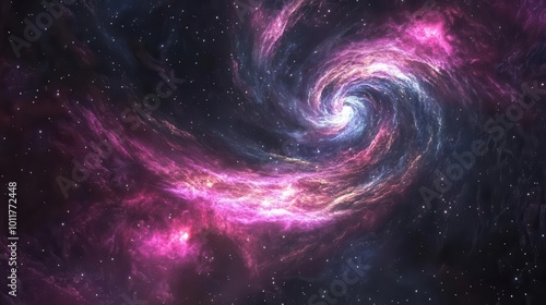 swirling cosmic nebula in vibrant pinks, purples, and blues, dotted with glowing stars and wisps of interstellar dust. mesmerizing deep space vista with spiral galaxies.