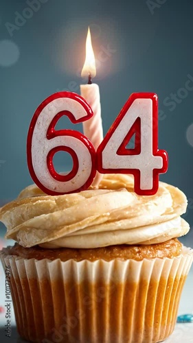 Birthday cupcake with burning lit candle with number 64. Number sixty-four for sixty-four years or sixty-fourth anniversary. photo