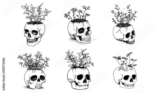 Set mystical mushroom skull isolated clipart bundle, creepy floral boho skull. Mushroom human skull set, horror halloween black and white vector illustration
