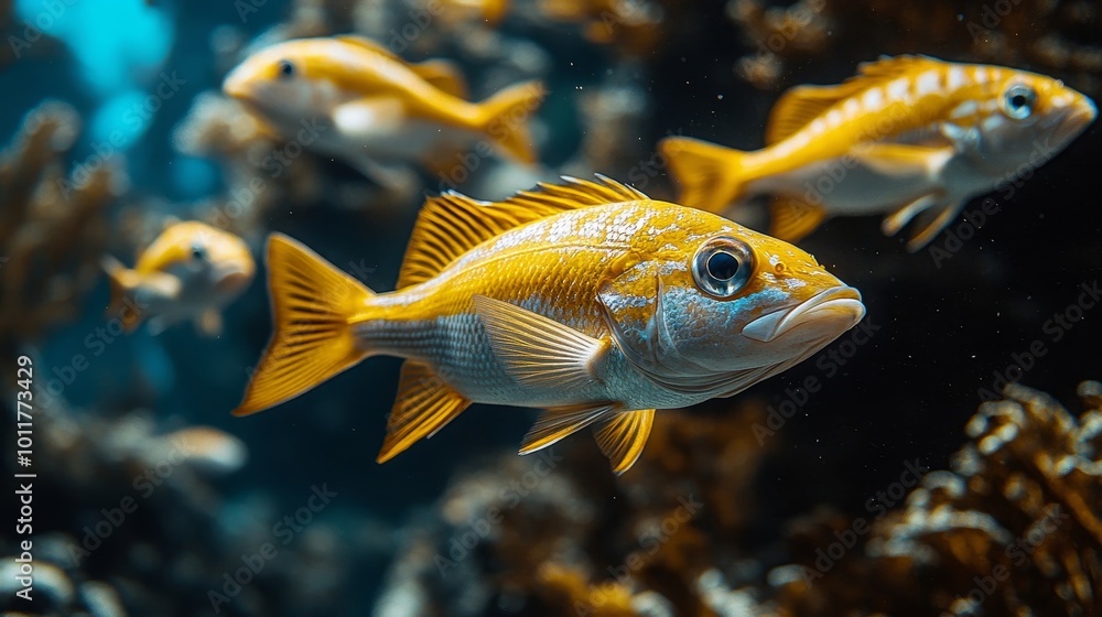 Yellow and white fish swimming in a group in blue water near colorful coral