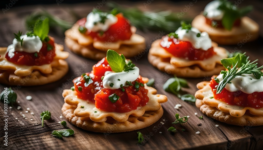 Salsa canape cracker appetizers with soft cheese
Salsa canape cracker appetizers with soft cheese