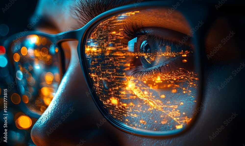 The lights of the metropolis are reflected on the young woman's glasses
The lights of the metropolis are reflected on the young woman's glasses