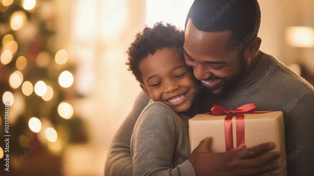 tender moment african american father and son share gift-giving embrace. warm, intimate lighting highlights emotional connection. home setting conveys comfort and love. tender moment african american father and son share gift-giving embrace. warm, intimate lighting highlights emotional connection. home setting conveys comfort and love.