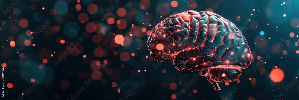 Digital 3D illustration of a human brain with highlighted neural connections, surrounded by glowing particles, representing neural activity and brain function. Digital 3D illustration of a human brain with highlighted neural connections, surrounded by glowing particles, representing neural activity and brain function.