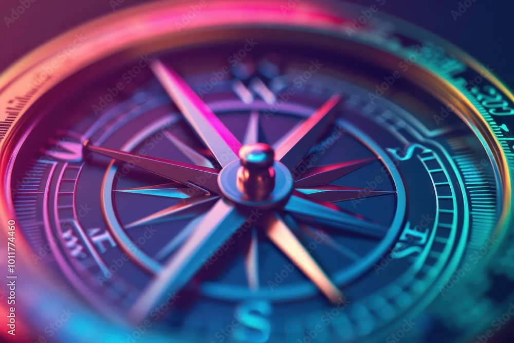 Macro shot of a compass illuminated by vibrant neon lighting, showcasing detailed metallic elements and colorful reflections, symbolizing direction and exploration. Macro shot of a compass illuminated by vibrant neon lighting, showcasing detailed metallic elements and colorful reflections, symbolizing direction and exploration.