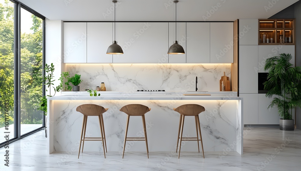 A chic white kitchen with sleek cabinets, pendant lighting, and marble countertops A chic white kitchen with sleek cabinets, pendant lighting, and marble countertops