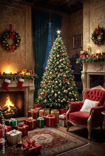 Christmas tree with toys and gifts on the background of a fireplace with fire magical room with the throne of santa claus christmas background Ultra realistic Photorealistic picturesque scenery