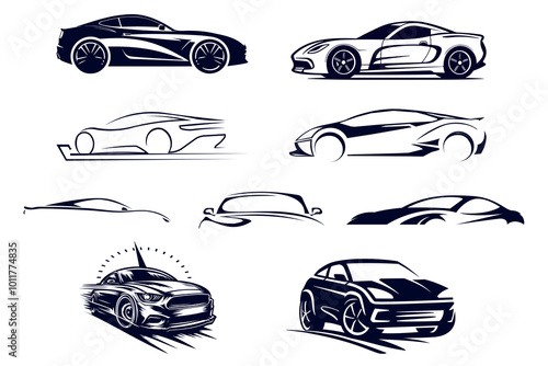 Assorted silhouette car symbol logo icon, cartoon illustration, transparent background PNG image