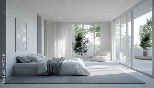 A contemporary white bedroom with clean lines, subtle gray accents, and large glass windows photo