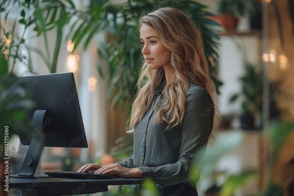 Woman Using Adjustable Height Standing Desk In Office, Generative AI Woman Using Adjustable Height Standing Desk In Office, Generative AI