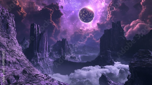 A purple alien world with rocky cliffs and a glowing celestial body in the sky. Fluffy clouds drift above the cosmic stone landscape.