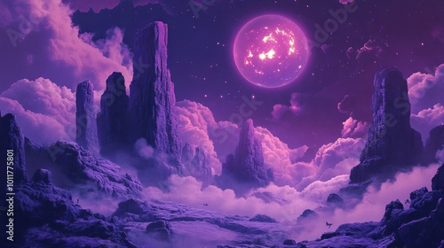 A purple alien world with rocky cliffs and a glowing celestial body in the sky. Fluffy clouds drift above the cosmic stone landscape.