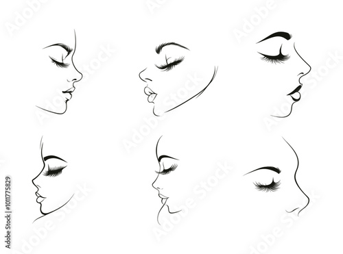 women profile portrait. Woman line art set with black thin line. Elegant women face side view, beautiful female portraits collection.
