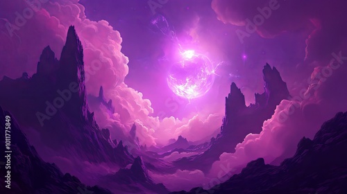 A purple alien world with rocky cliffs and a glowing celestial body in the sky. Fluffy clouds drift above the cosmic stone landscape.