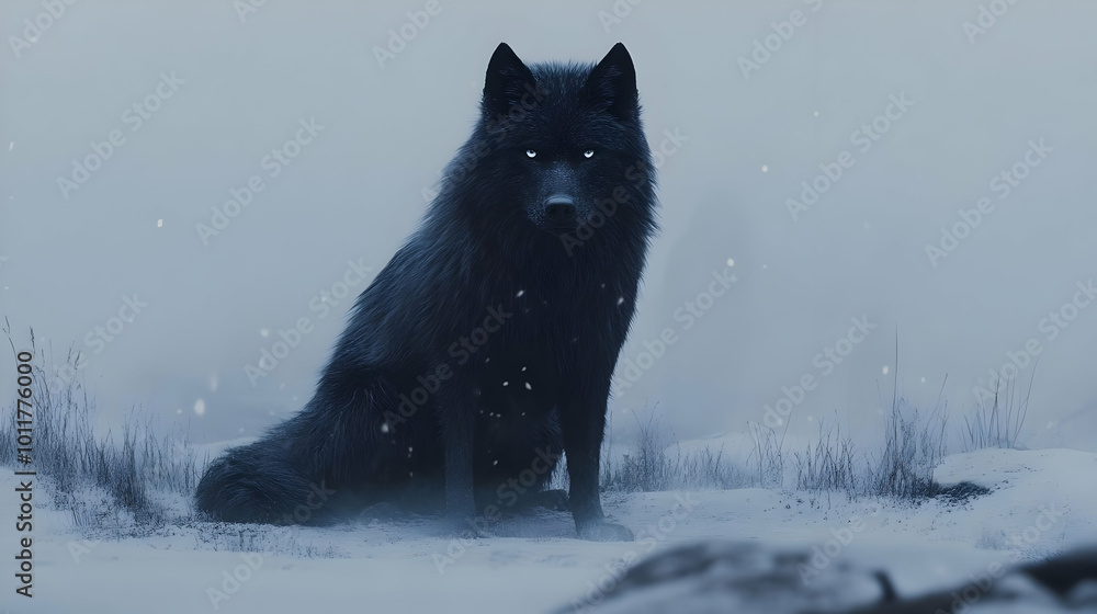 Naklejka premium Black Wolf Sitting in Snowy Landscape Illustration