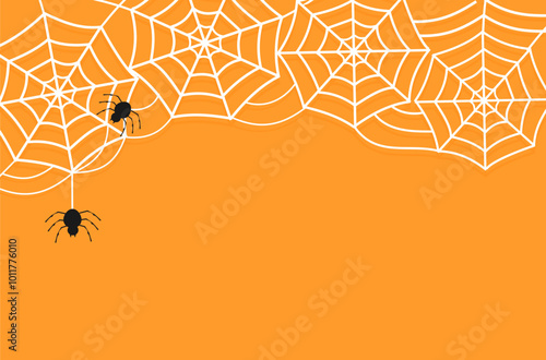 Happy Halloween with spider web and spider cartoons on orange background vector.