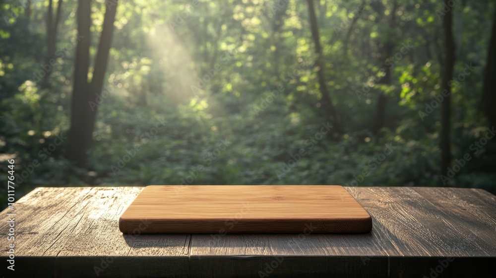 A wooden cutting board on a rustic table in a serene forest setting. A wooden cutting board on a rustic table in a serene forest setting.