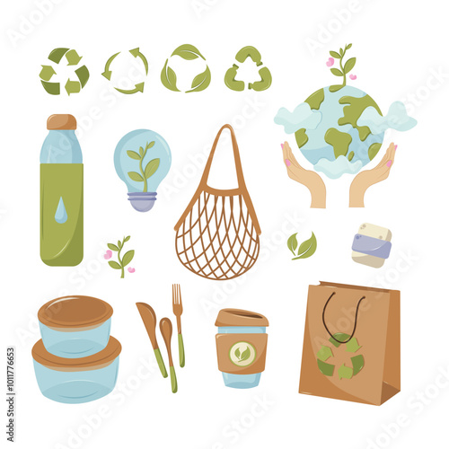 Zero waste concept illustration with different elements.  Save the earth, zero waste, no plastic, go green, alternative energy, eco concept. Isolated illustration for card, postcard, cover. EPS 10