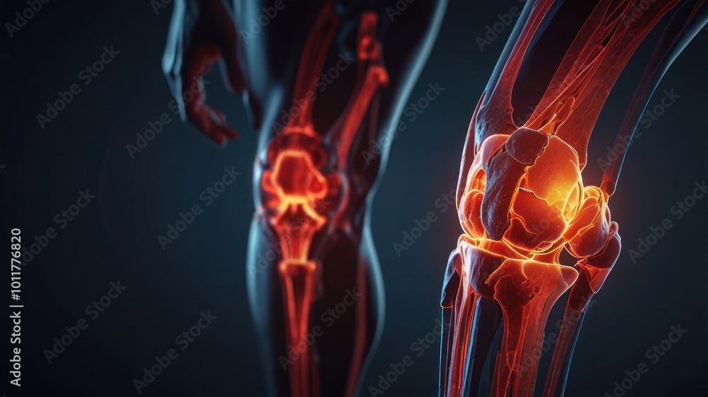A 3D illustration of a human knee with highlighted pain. A 3D illustration of a human knee with highlighted pain.