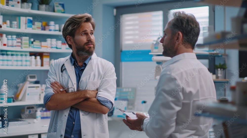 Two men in white lab coats are talking in a pharmacy Two men in white lab coats are talking in a pharmacy