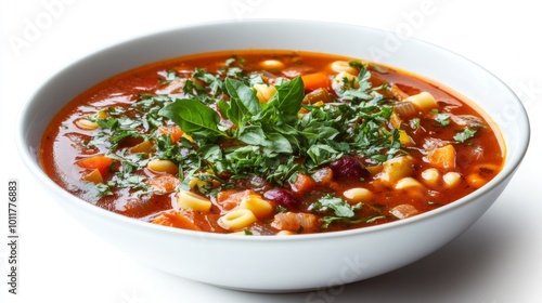 Fresh Vegetable Soup with Herbs in White Bowl