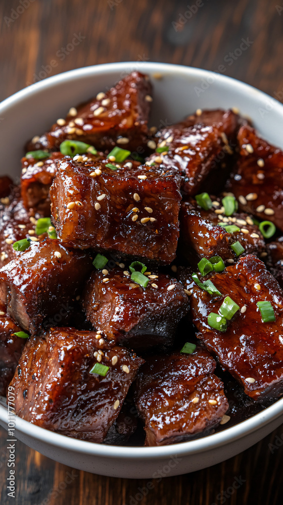 Overflowing white bowl of sesame-garlic beef with green onions and sesame seeds looks delicious Overflowing white bowl of sesame-garlic beef with green onions and sesame seeds looks delicious