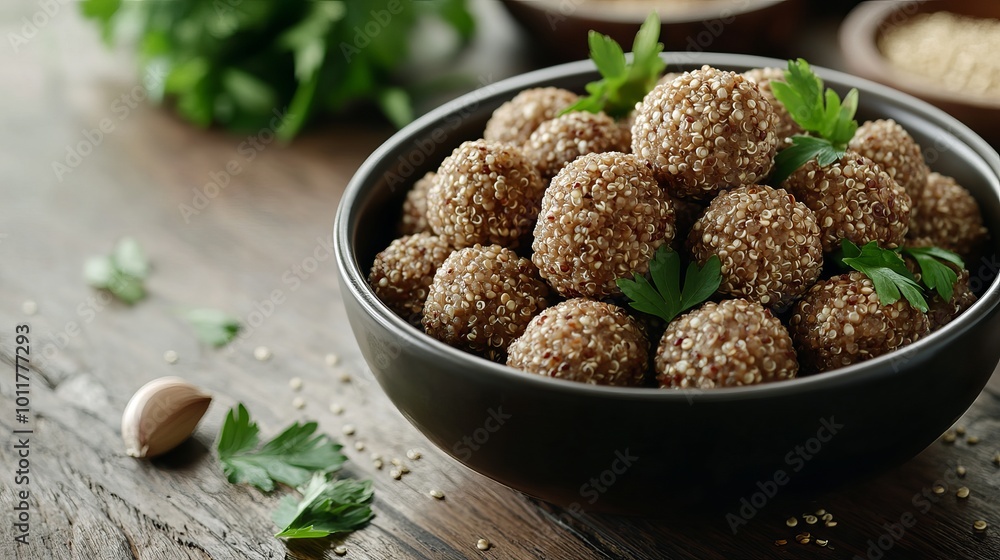 A nutritious bowl of quinoa balls. A nutritious bowl of quinoa balls.
