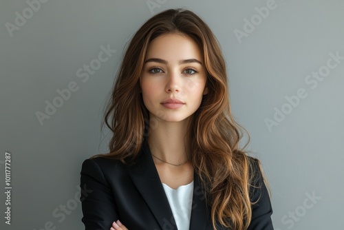 Confidence and charisma. Young business woman in suit looking at camera. Grey background, Generative AI