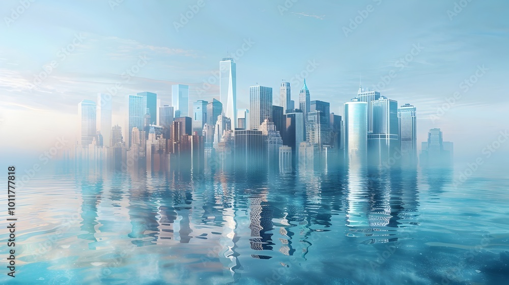Fototapeta premium Submerged City Skyline Reflecting on Flooded Waters Global Warming Impact Concept