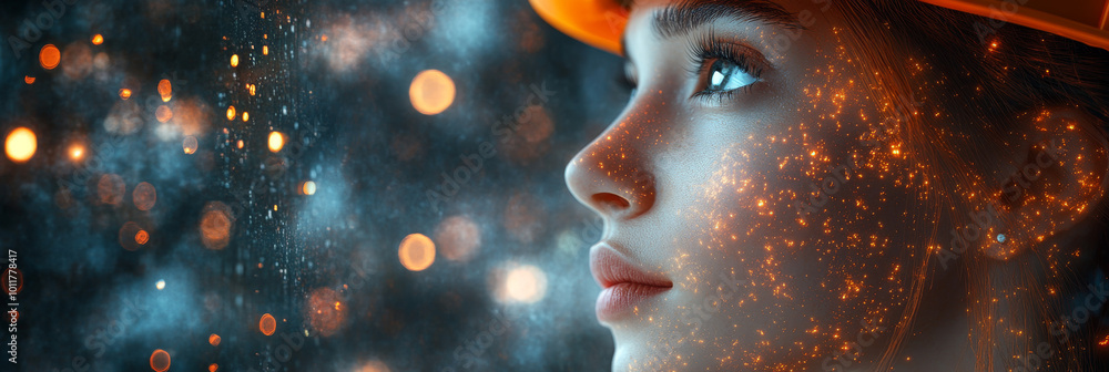 A woman's face is lit by glowing particles, creating a futuristic and ethereal effect. A woman's face is lit by glowing particles, creating a futuristic and ethereal effect.