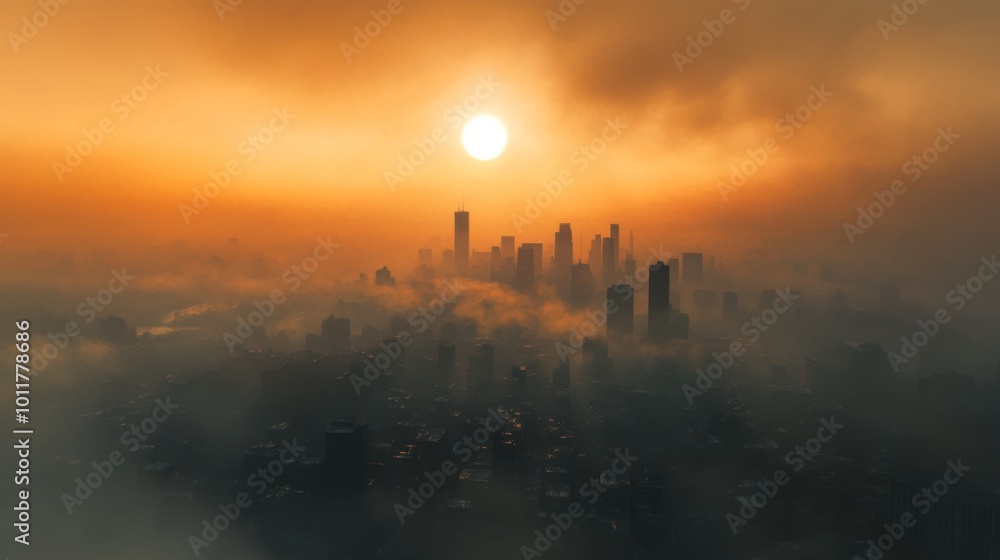 Urban skyline at sunset with fog and haze Urban skyline at sunset with fog and haze
