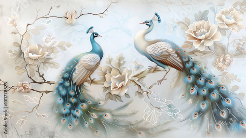 Two peacocks on a branch with flowers in an elegant design on a soft background copy space
