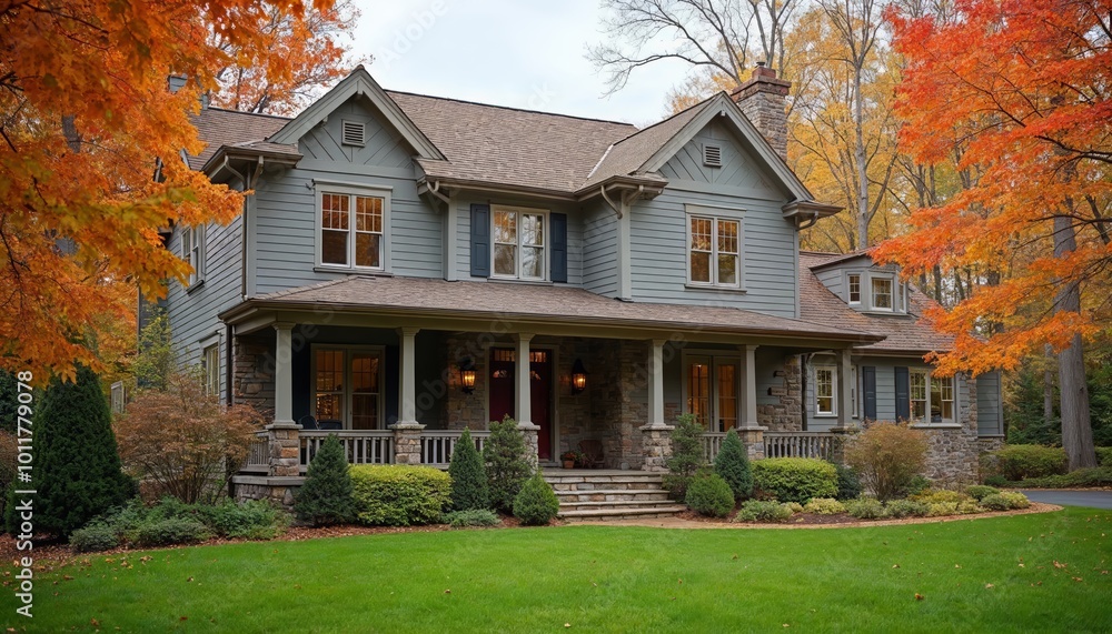 Two-Story Gray Wooden House Surrounded by Autumn Foliage Ideal for Nature and Architecture Enthusiasts Two-Story Gray Wooden House Surrounded by Autumn Foliage Ideal for Nature and Architecture Enthusiasts