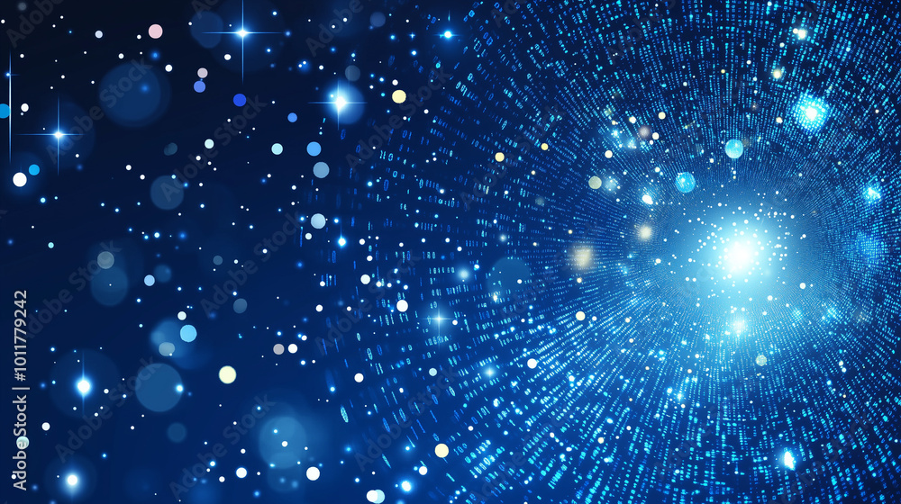 Obraz premium Abstract digital background with glowing particles and stars. Binary code. Futuristic for tech projects. High resolution.