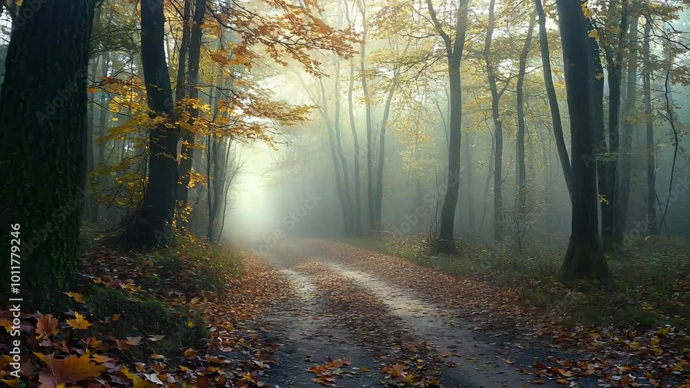 Misty Forest Pathway in Autumn with Light Rays Through Trees Misty Forest Pathway in Autumn with Light Rays Through Trees