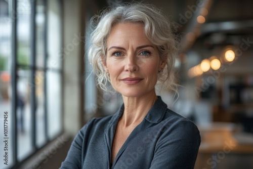 Happy mature business woman leader standing in office looking away. Smiling confident older middle aged professional lady corporate leader, senior female executive or entrepreneur, Generative AI