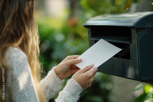 Woman putting envelope in mailbox, Generative AI