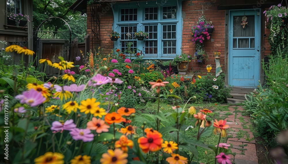 Obraz premium Bohemian garden with vibrant flowers, eclectic and inviting, Urban, Soft hues, Photograph, Artistic living