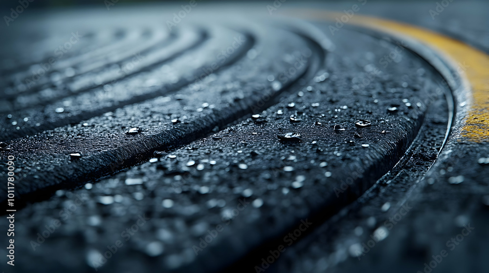 Dark Gray Circular Surface with Water Drops and a Yellow Line - Abstract Background Dark Gray Circular Surface with Water Drops and a Yellow Line - Abstract Background
