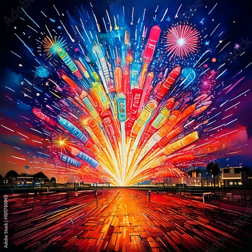 Vibrant illustration of colorful Diwali crackers bursting in the night sky with glowing lights.