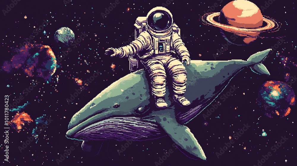 A retro-style astronaut made of pixels, along with other 8-bit space objects. This set includes a cosmonaut riding a whale, perfect for vintage game designs. A retro-style astronaut made of pixels, along with other 8-bit space objects. This set includes a cosmonaut riding a whale, perfect for vintage game designs.