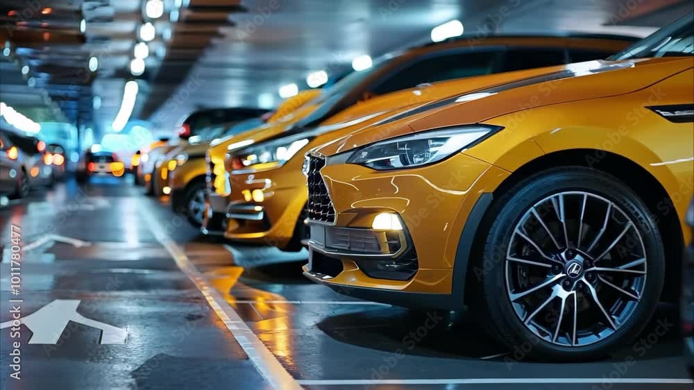 A row of cars parked in a modern underground parking garage, featuring a black and a bright yellow vehicle prominently. A row of cars parked in a modern underground parking garage, featuring a black and a bright yellow vehicle prominently.