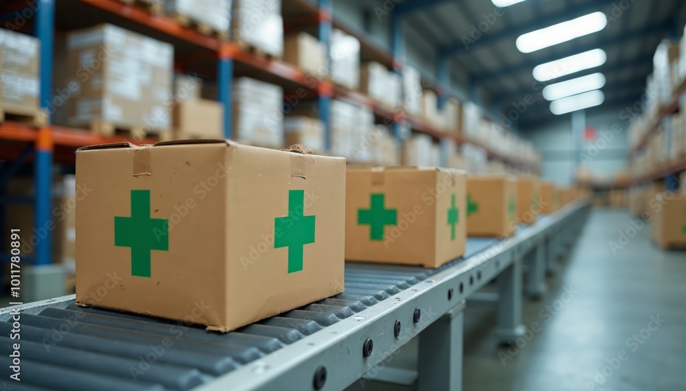 Cardboard Boxes with Green Medical Cross Symbols on Warehouse Shelves for Healthcare Logistics and Supply Management Cardboard Boxes with Green Medical Cross Symbols on Warehouse Shelves for Healthcare Logistics and Supply Management