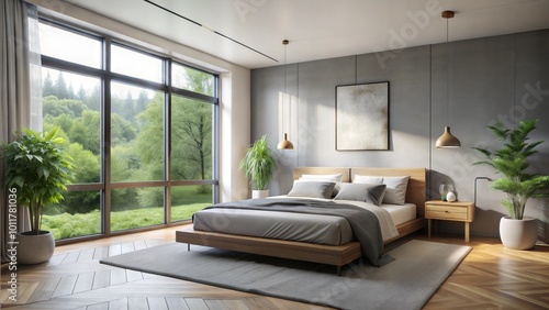 Wallpaper Mural Bedroom grey color tune minimal design natural view at window on the left side  Torontodigital.ca