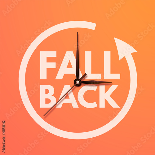 Daylight saving time ends. Fall back banner with realistic clock hands on orange background. Post design with text reminder of time change to one hour back for social networks. Vector illustration