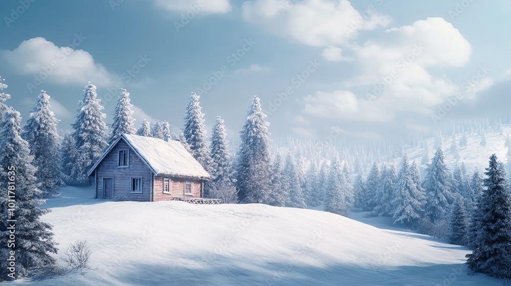 A small house stands alone in the snow-covered winter landscape. Pine trees surround the house, making it look even more isolated. A small house stands alone in the snow-covered winter landscape. Pine trees surround the house, making it look even more isolated.