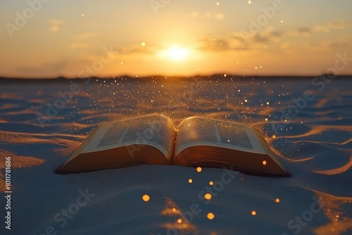 Book on sand glowing under the sunset sky