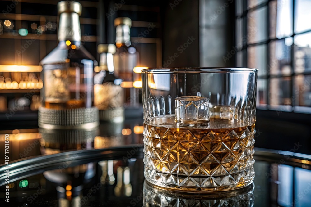 Whiskey glass on a reflective bar counter with bottles. Whiskey glass on a reflective bar counter with bottles.
