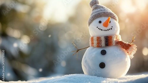 A snowman stands outside in the winter. It has a carrot nose, a hat, a scarf, coal buttons, and stick arms. The background is blurred.